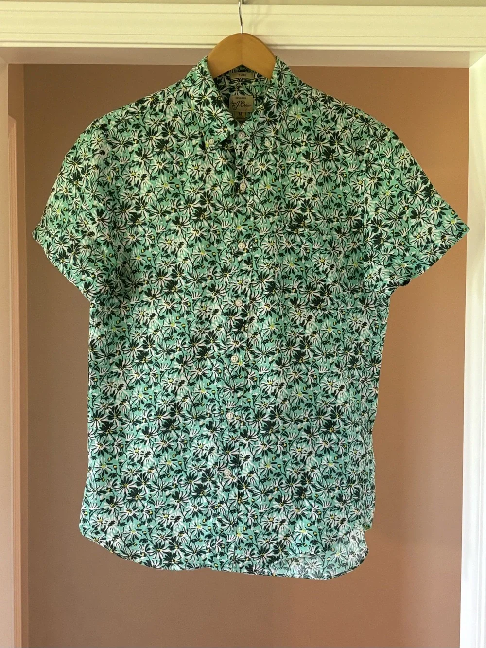 J. Crew 100% Linen Mint Green Floral Short-Sleeve Button-Down Shirt